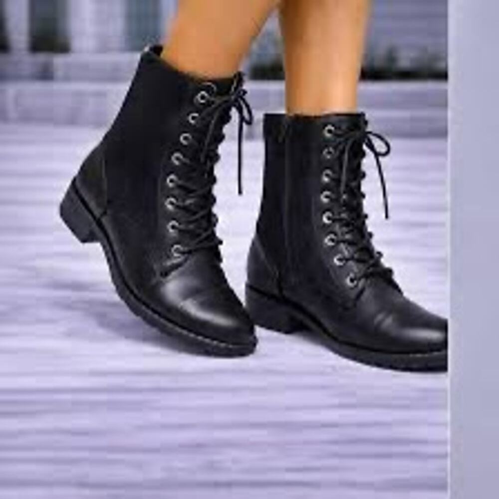 Forever Women's Military Lace Up Combat Boots with Knit Ankle Cuff, Size 9